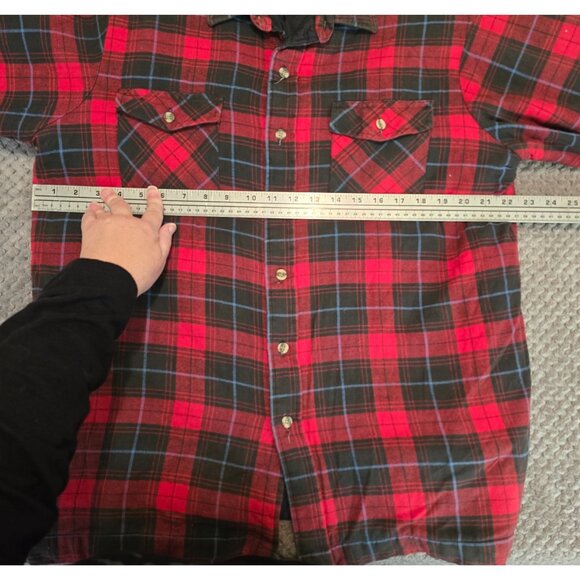 Vintage 70s Arrow Quilted Flannel Shirt L Black Red Plaid Pockets Chore Retro - Picture 3 of 6